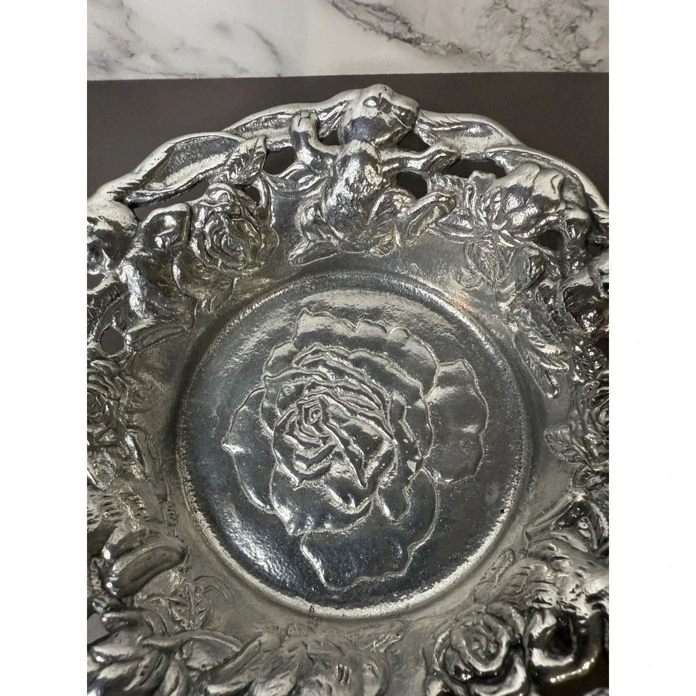 1995 Arthur Court Aluminum Bunny Rabbit and Rose Flower Bowl